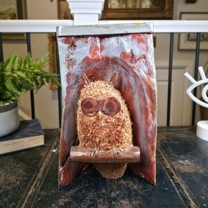 Vintage Rustic Excelsior Wood Shaving Owl in Tree Hollow Art Folk Art Decor